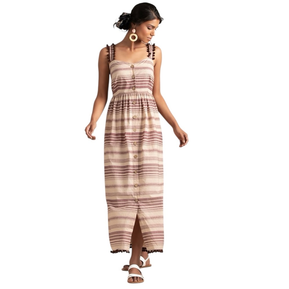 Indya Earthen Striped‎ Cotton Button Down Maxi Dress Boho NWT Size M